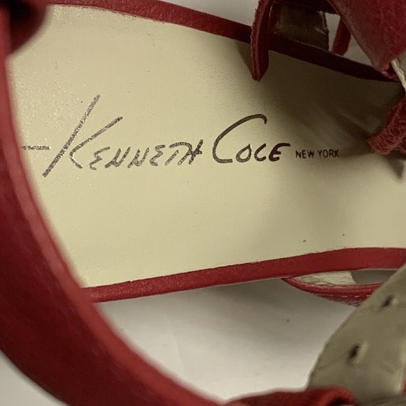 Kenneth Cole Pink Fuchsia Leather Fringe Wood Heels Sandals Sz 8M Ankle Straps - Picture 7 of 9